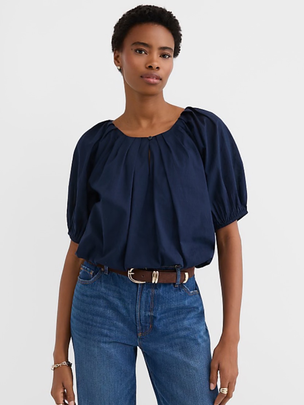 LOFT Bubble Blouse Navy Blue Puff Sleeve Pleated Cotton Top Women’s XL NWT